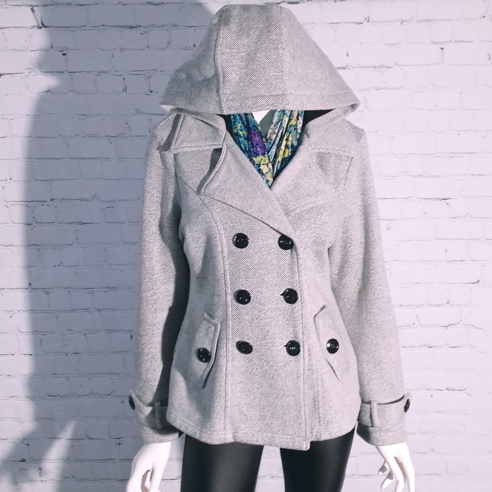 Hooded Grey twill coat//Size M